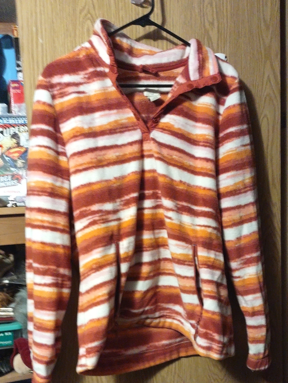 Women's Striped Half-Zip Fleece Pullover Jacket in Rust, Orange & White